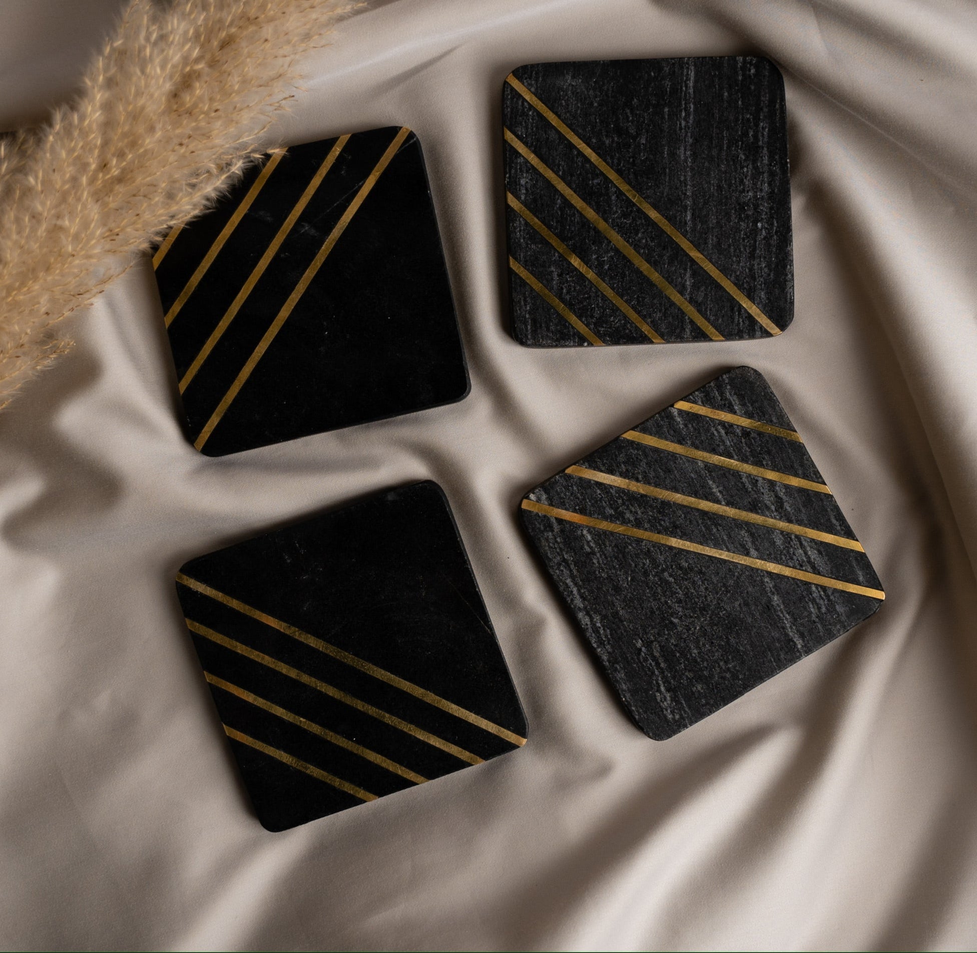 Square Brass Inlay Black Marble Coasters